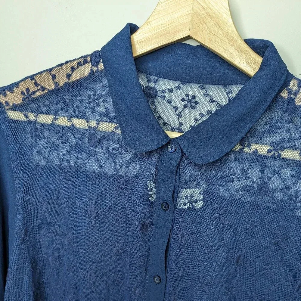 Abercrombie & Fitch Womens Navy Blue Sheer Lace Button Up Shirt Blouse Size M - Picture 3 of 15